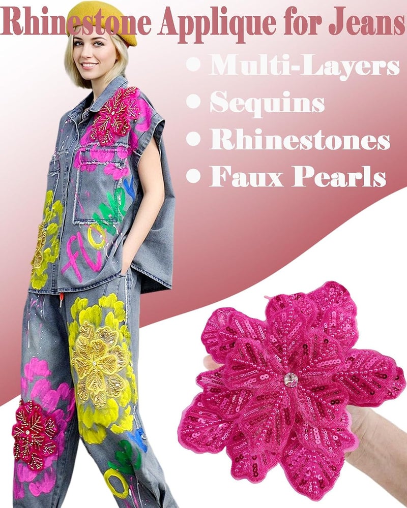 SAIXCCS 1pc Handmade Large Flower Rhinestone Applique for Clothes, Sparkly Sequin Beaded Patches for Wedding Dress, Embroidery Lace Sewing Patches for Bodice Hat Jean Jacket (Hot Pink) - Image 3